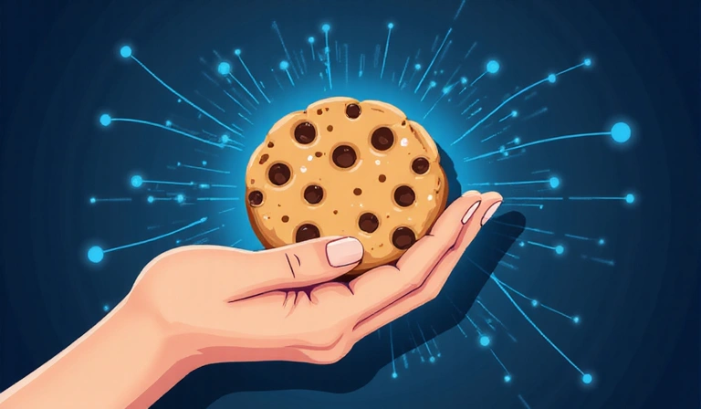Ilustrație cu o mână care ține un cookie digital, simbolizând date și confidențialitate