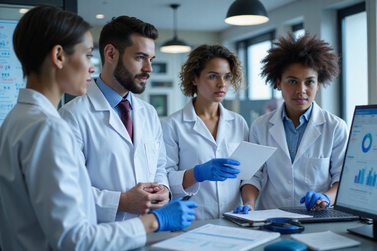 O echipă de cercetători și profesioniști din domeniul sănătății care colaborează într-un laborator modern, simbolizând încrederea, autenticitatea și angajamentul față de știință și îngrijire.