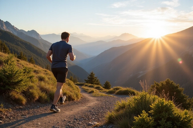 Un bărbat activ, plin de vitalitate, care aleargă pe un traseu montan, simbolizând sănătatea masculină, energia și libertatea.
